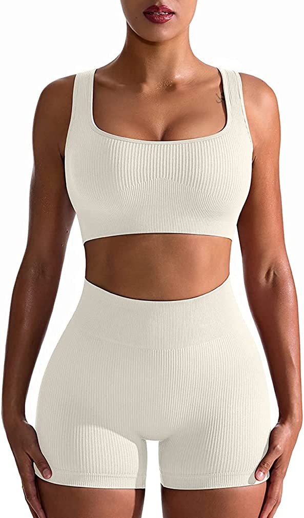 OQQ Workout Outfits for Women 2 Piece Seamless Ribbed High Waist Leggings with S